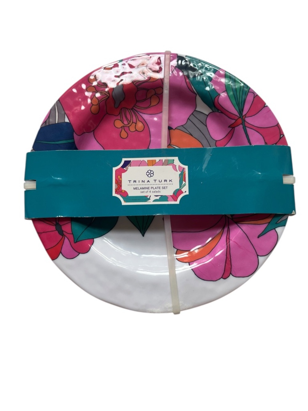 Trina Turk Floral Salad Plates Set of 4 Fuchsia Hibiscus Round 9” Melamine New